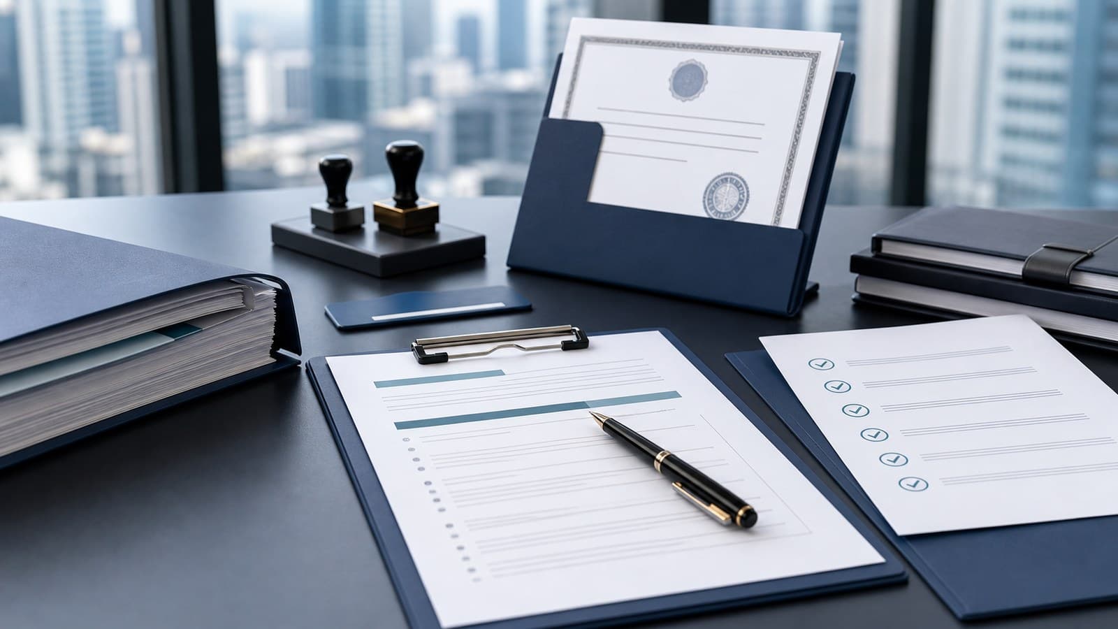 Business scope drafting documents with approval stamps and compliance checklist for China company registration