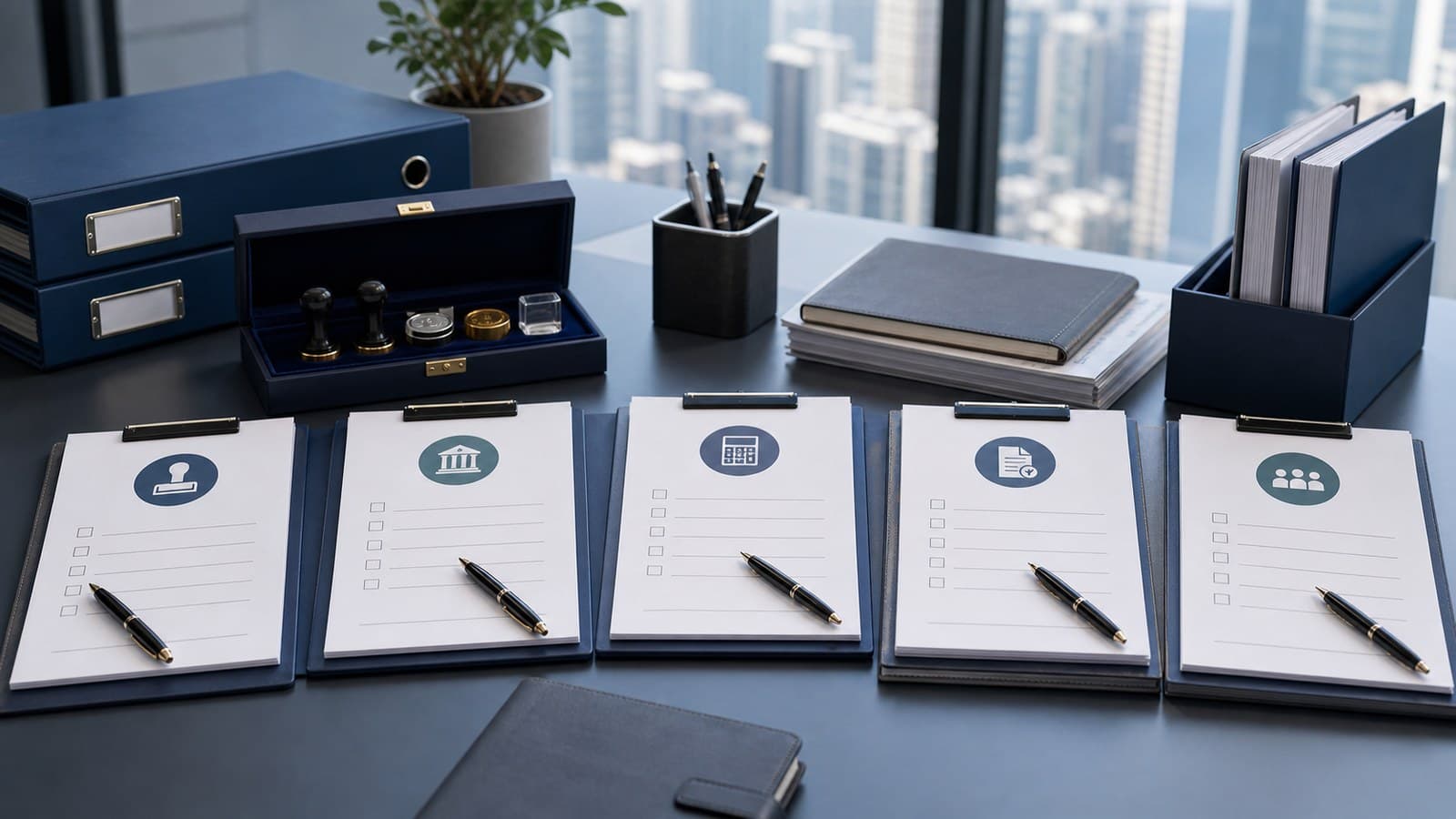 Post-registration compliance checklist with company chop set and filing folders for a foreign company in China