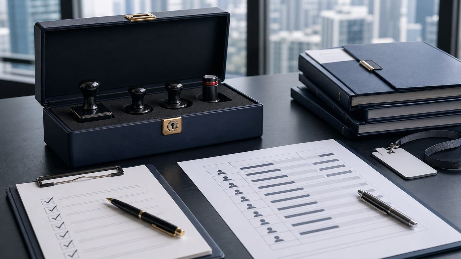 China company chop set with control checklist and governance documents on a business advisory desk