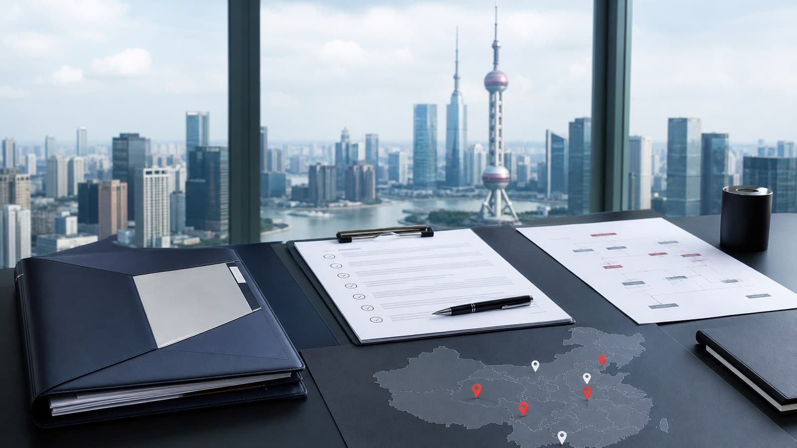 China foreign investment negative list review desk with market entry checklist and access screening materials