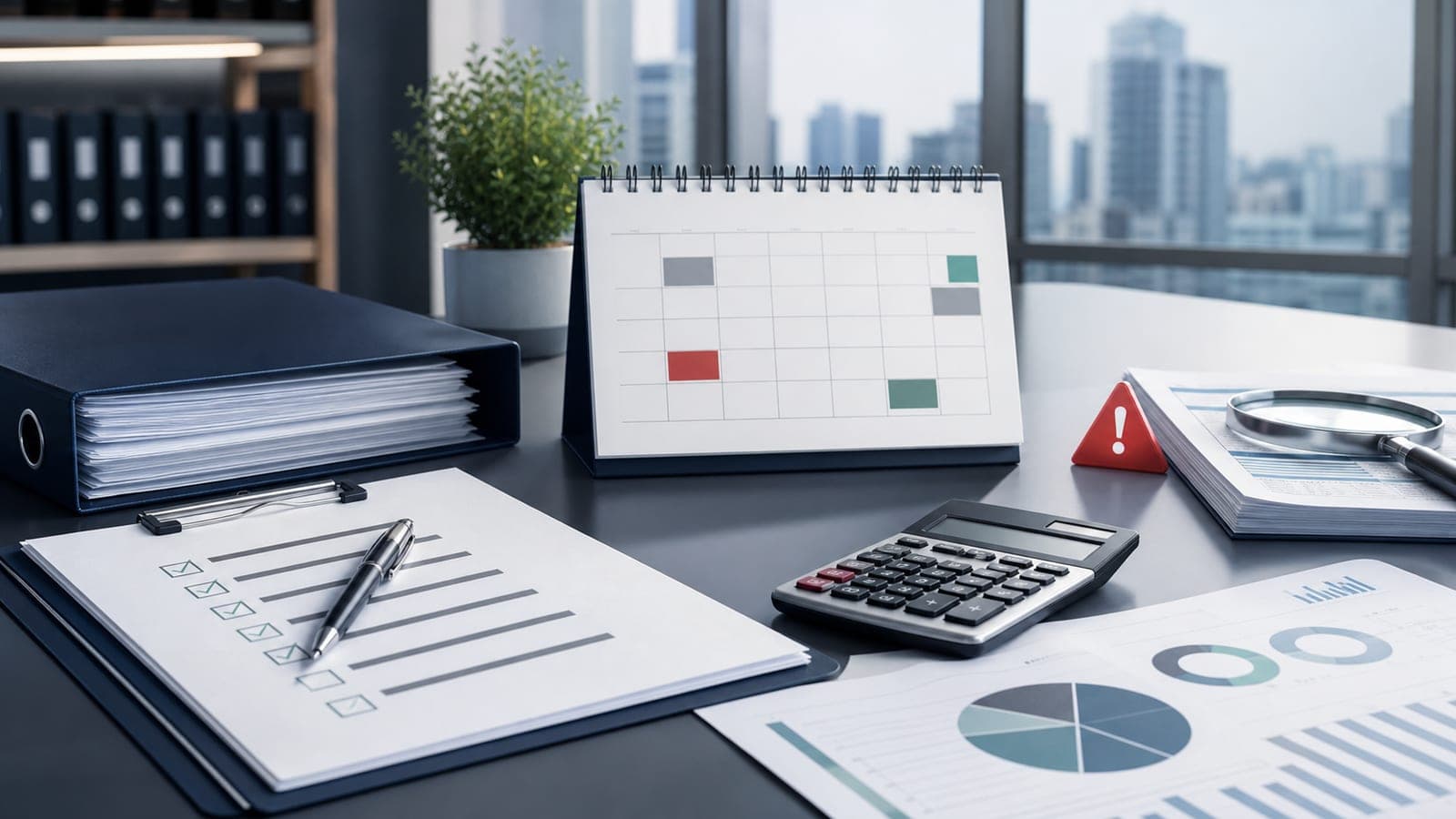 China tax penalty prevention desk with filing calendar compliance checklist calculator and risk marker