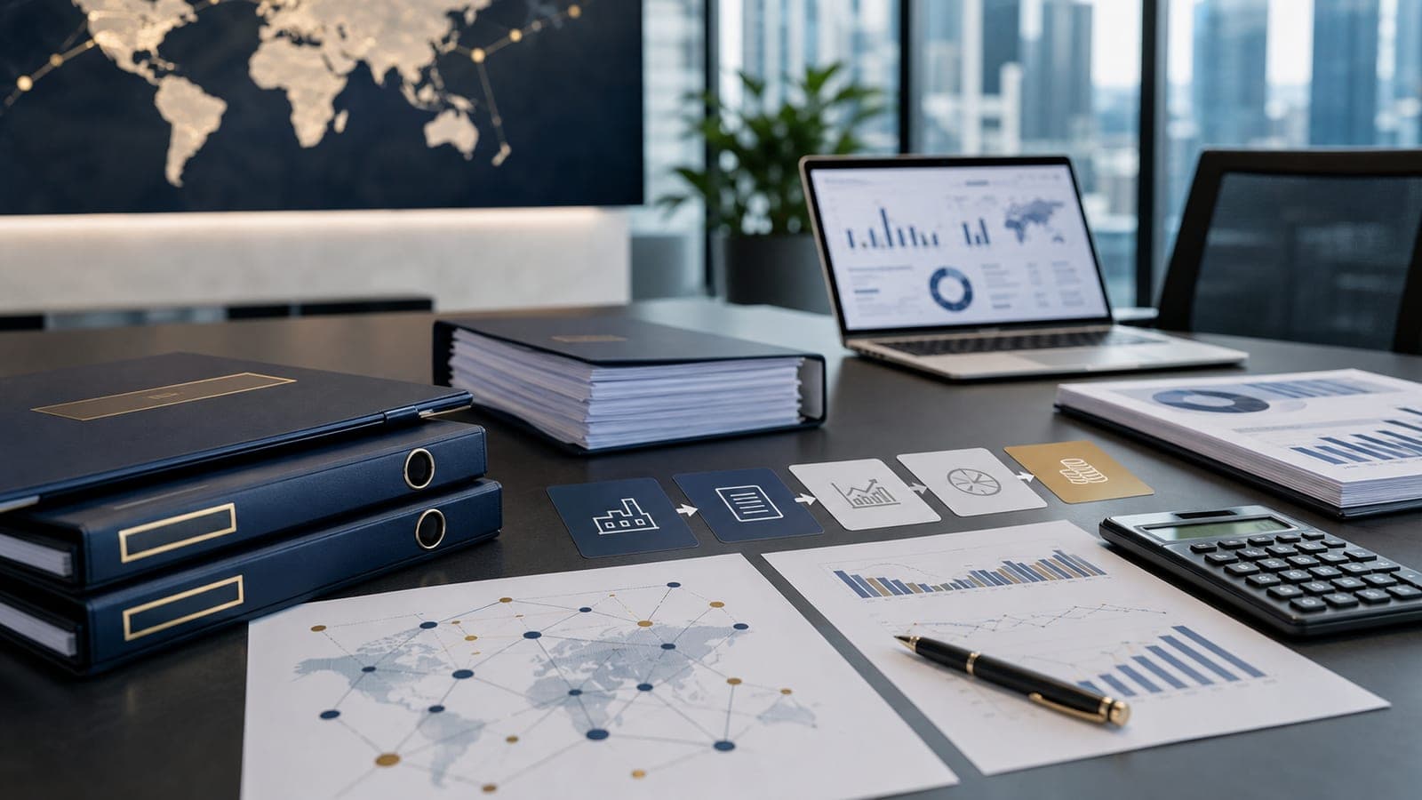 Transfer pricing review desk with intercompany transaction files benchmark charts and global workflow materials