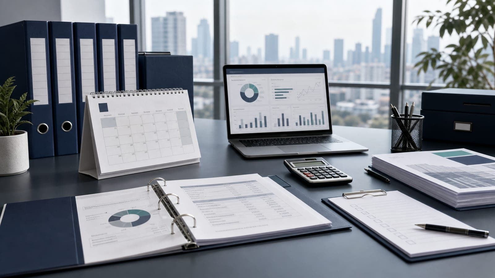 WFOE accounting compliance desk with monthly calendar ledger binder financial statements and checklist