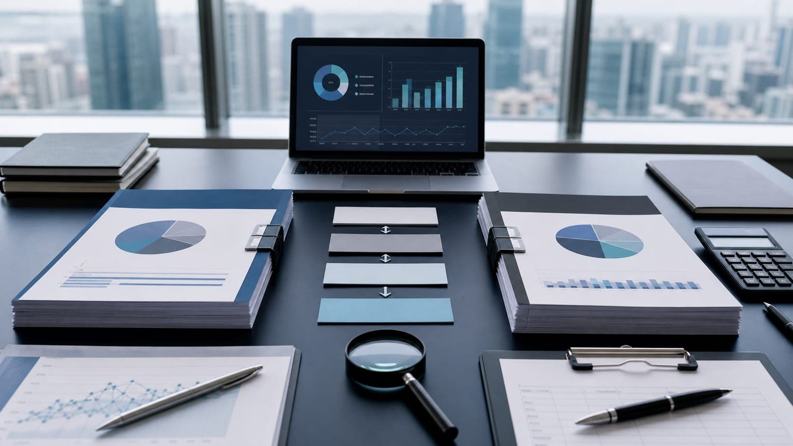 Accounting standards comparison desk with two financial statement packs reconciliation bridge and audit review materials