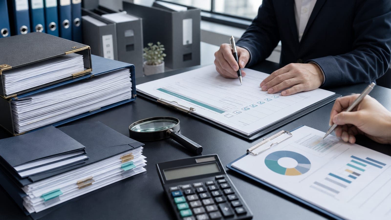 China statutory audit review desk with financial statement binder evidence files calculator and auditor checklist