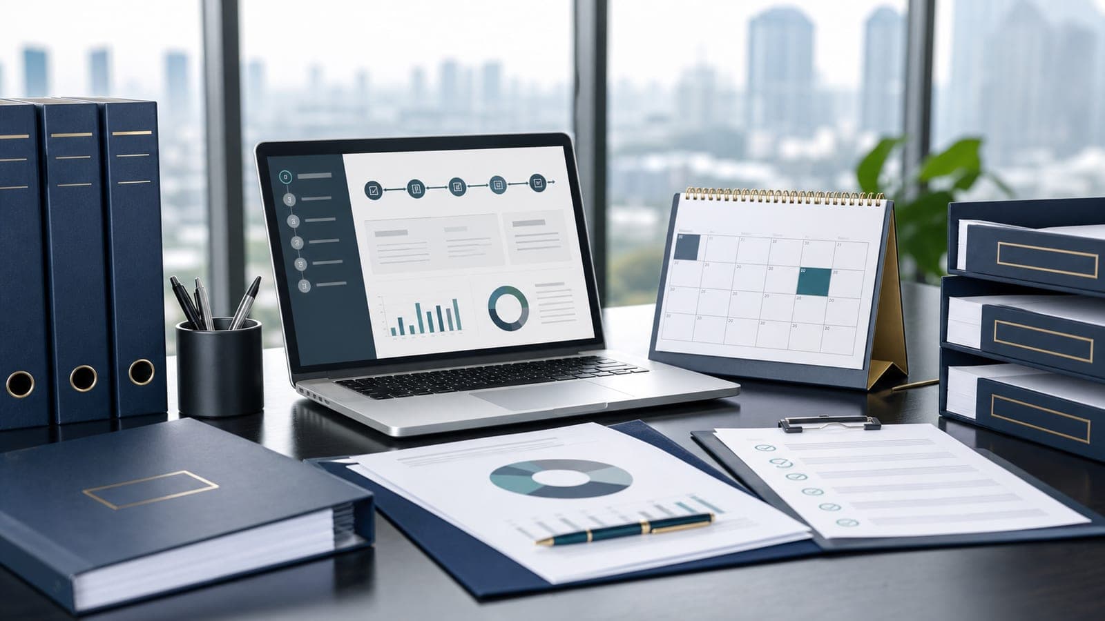China annual reporting filing desk with compliance calendar laptop workflow company files and checklist